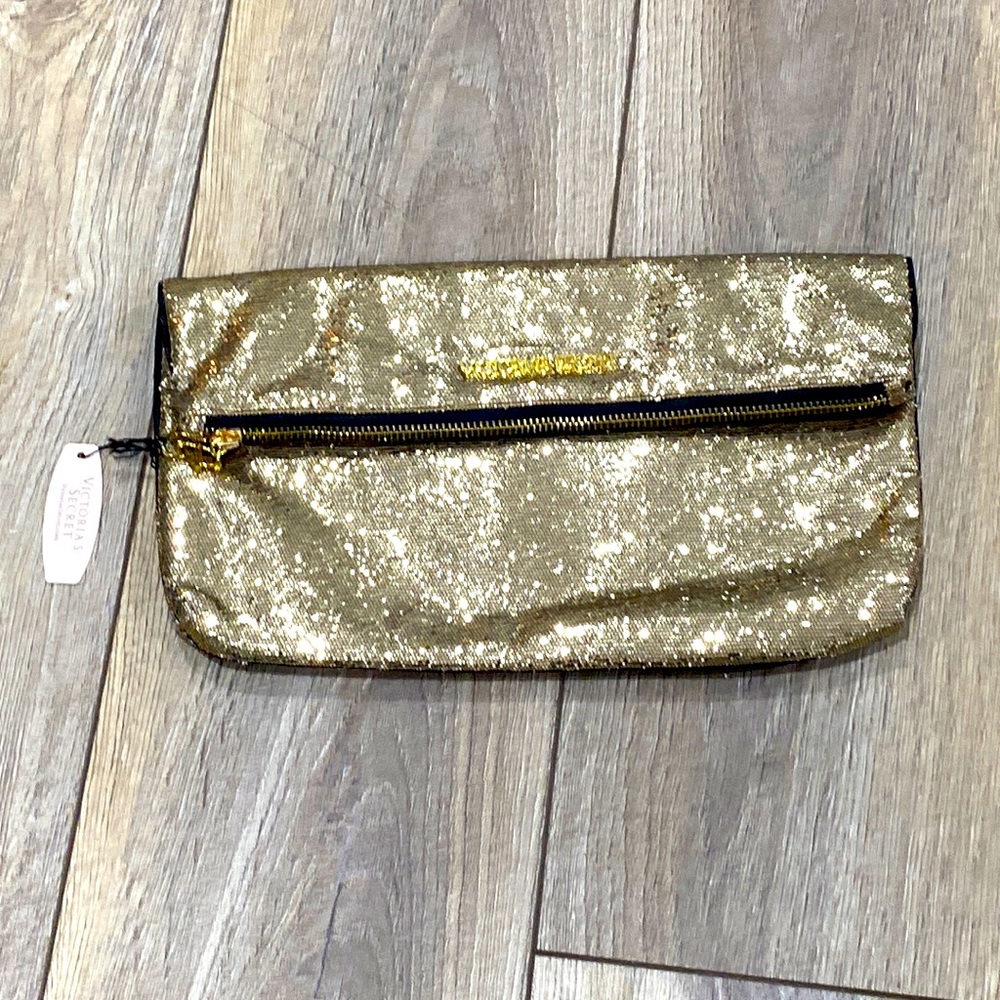 NWT VICTORIA’S SECRET Gold Sequin Fold Over Zipper Clutch Makeup B… - Picture 1 of 14